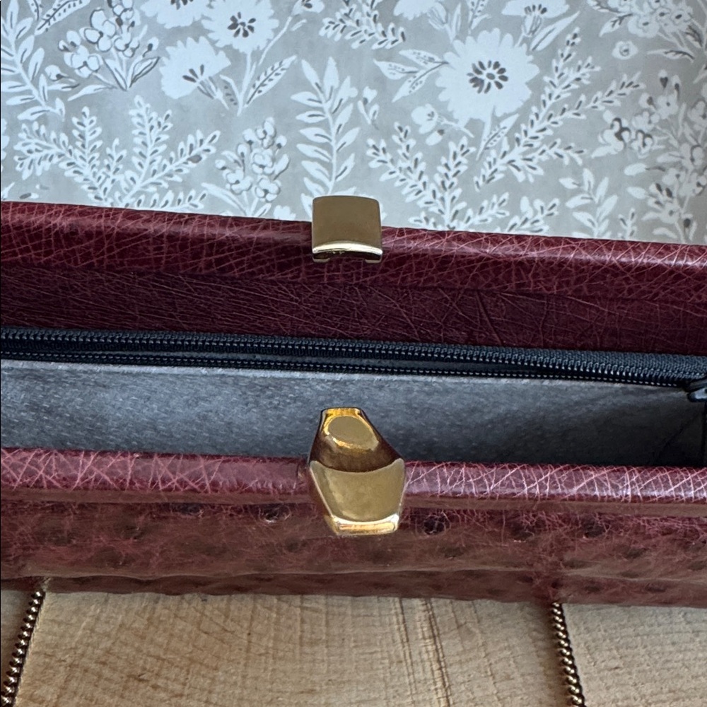 Genuine Ostrich Leather Burgundy Clutch with Gold Chain - Picture 5 of 6